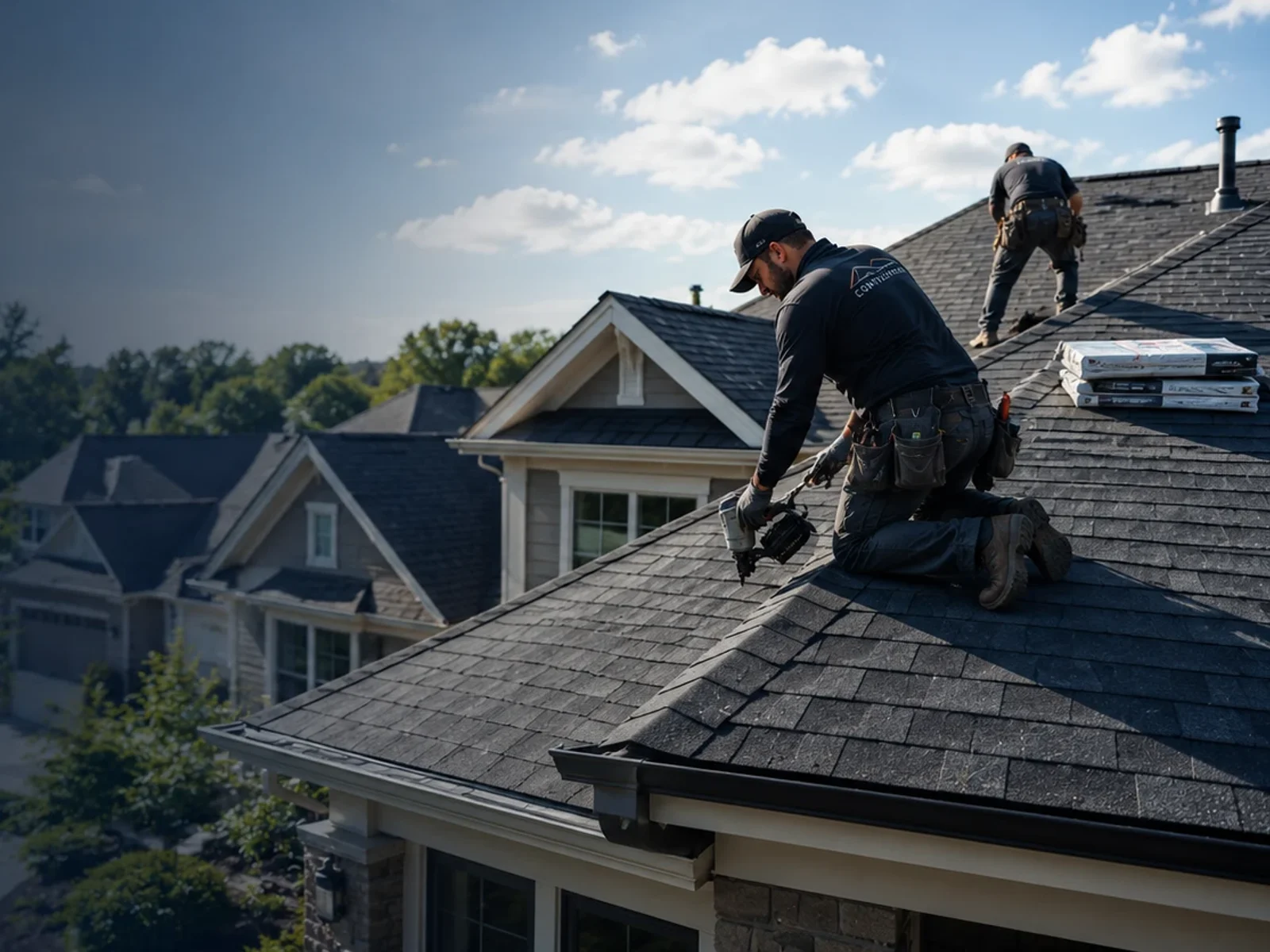 Roofers installing shingles on a residential roof